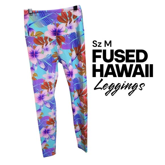 Fused Hawaii Pants - FUSED HAWAII SzM Pink Blue Floral Tropical Paradise Beach Hibiscus Yoga Leggings